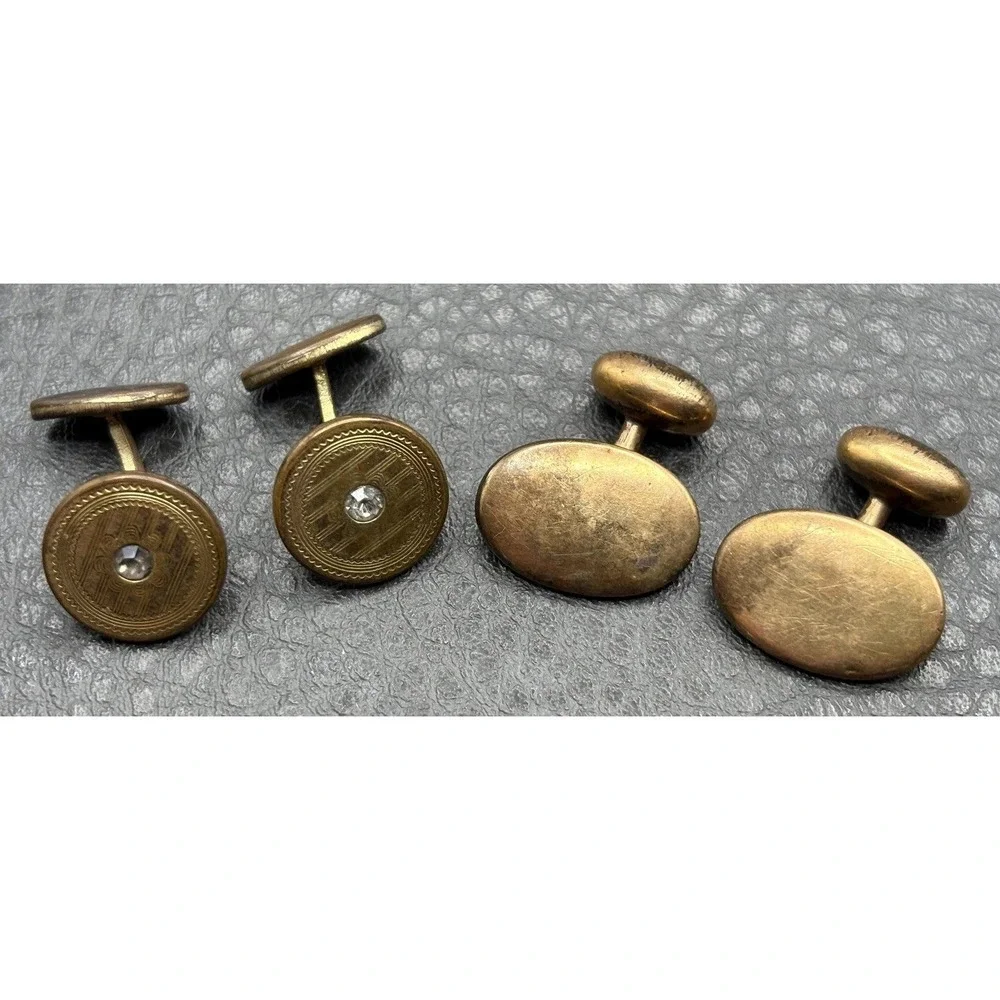Vintage Lot 2 Pairs Victorian Gold Filled Cufflinks Etched Oval Paste Stones